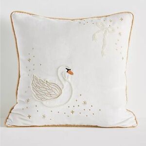 NEW Anthropologie Coretta Mini Beaded Velvet Pillow, Swan, 16x16”, White & Gold